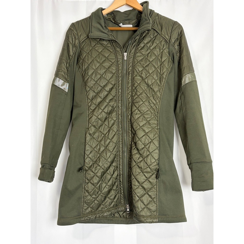 Athleta Womens Olive Green Quilted Hybrid Longline Full Zip Jacket Size Medium